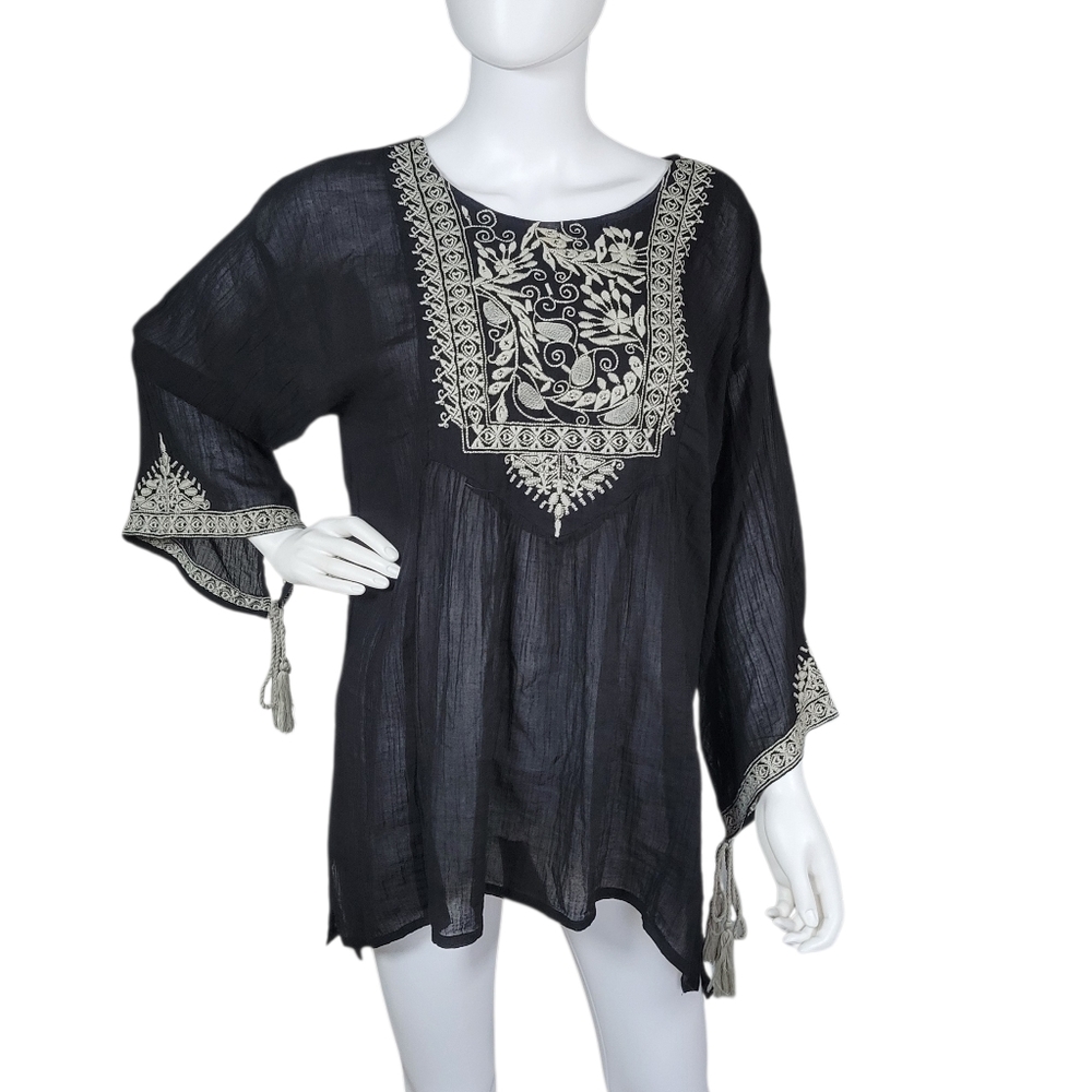 World Market Tunic Top Womens L/XL Black Embroidered Sheer Fairy Boho Indie Folk